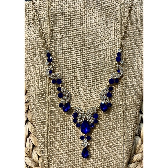 Other Jewelry - Cobalt Blue Y Drop Necklace Gold Tone Rhinestone Statement Wedding Prom